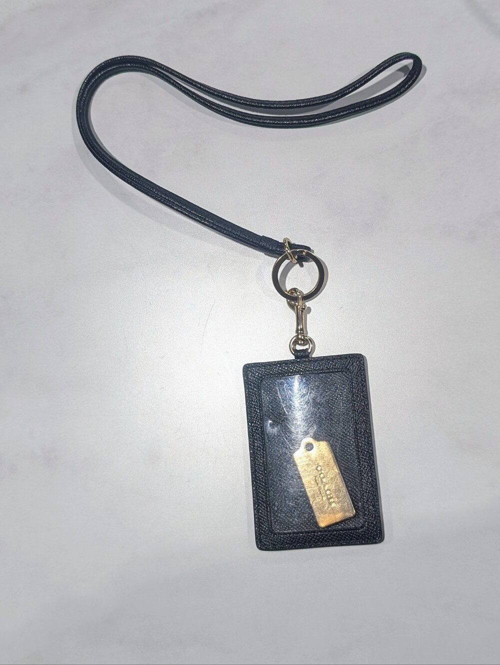Coach Black Leather Lanyard Card Holder with Gold Tag